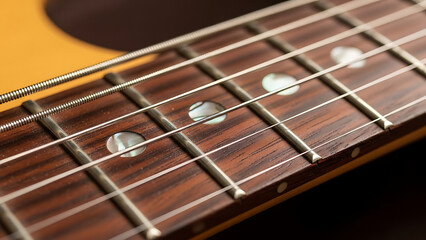 Artistic macro shot of a six-string guitar neck with detailed frets and inlays