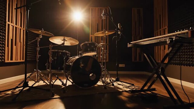 Music Studio Room: Acoustic Instruments with Professional Sound and Warm Lighting