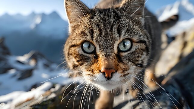 Tabby cat with intense blue eyes against snowy mountain backdrop, showcasing feline curiosity in winter wilderness environment. - Powered by Adobe