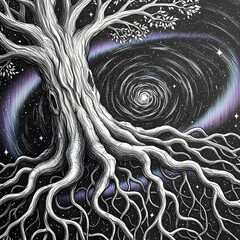 Generative AI Mystical Tree of Life Artwork Roots Galaxy Stars Illustration Drawing Hand-drawn Cosmic Universe Night sky Black and white Celestial Nebula Spiral Nature - Unique Design