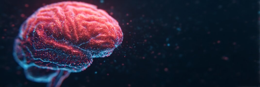 A vibrant, digital representation of a brain, showcasing intricate details with glowing effects against a dark background.