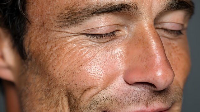 Close-up portrait of middle-aged Caucasian man with eyes closed, showing facial details including freckles, stubble, and natural skin texture.