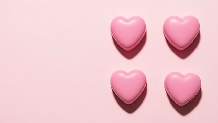 Pink heart-shaped candies arranged on a pastel pink background  