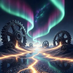 Generative AI Gears Aurora Borealis Fantasy Landscape Aurora borealis Northern lights Night Stars Reflection Machinery Mechanism Sky Mountains Scenic Desert Energy Crack - Download Now