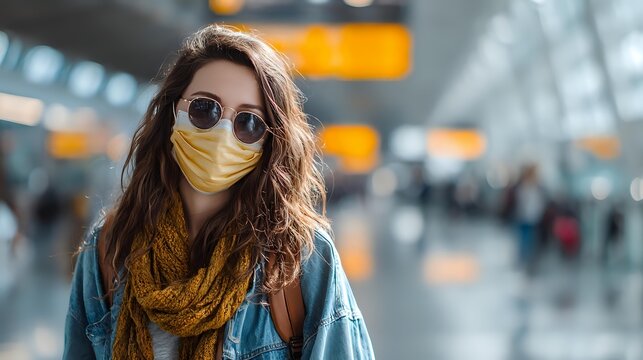 Young woman wearing protective face mask and sunglasses in airport terminal during pandemic travel with blurred passengers in background. - Powered by Adobe
