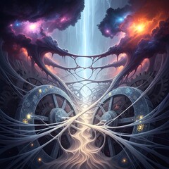 Generative AI Surreal Machine Galaxy Portal Gears Clouds Space Fantasy Science fiction Celestial Mechanism Light Tunnel Cosmos Nebula Innovation Technology Future - Download Now