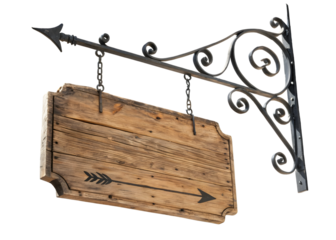 Rustic wooden signboard with arrow: vintage-style hanging wooden sign on ornate wrought iron bracket with arrow design  (144 characters)