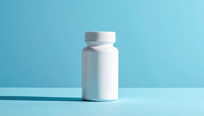 A close-up shot of a white medicine bottle against a solid blue backdrop, conveying health and wellness