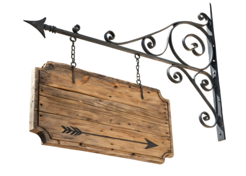 Rustic wooden signboard with arrow: vintage-style hanging wooden sign on ornate wrought iron bracket with arrow design  (144 characters)