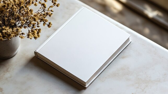 Blank hardcover book on a marble table next to a small dried flower arrangement, ideal for creative inspiration or design projects