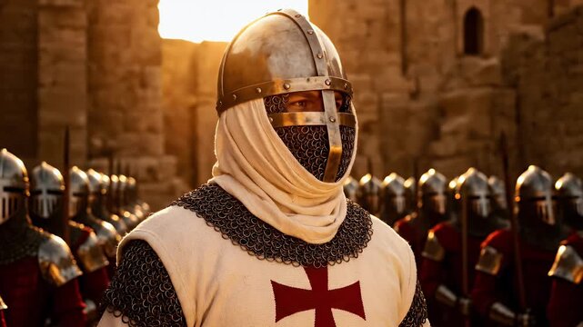 Medieval Templar Knight Commander Standing Before His Army at Sunset.