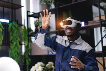 African male adult engaging with virtual reality headset in modern office, technology vr for immersive work, sunlight