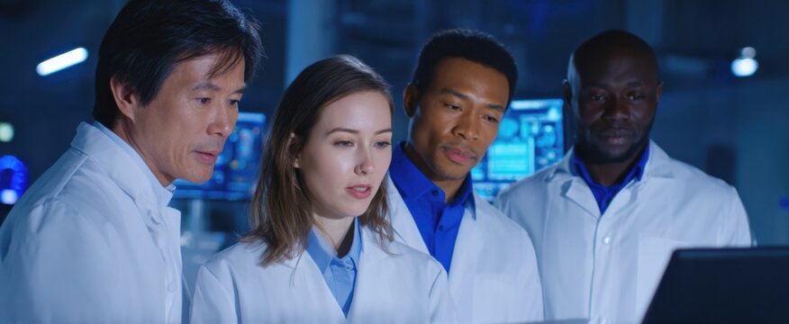 Dynamic team of scientists analyzing results next to sophisticated analyzers and vivid screens