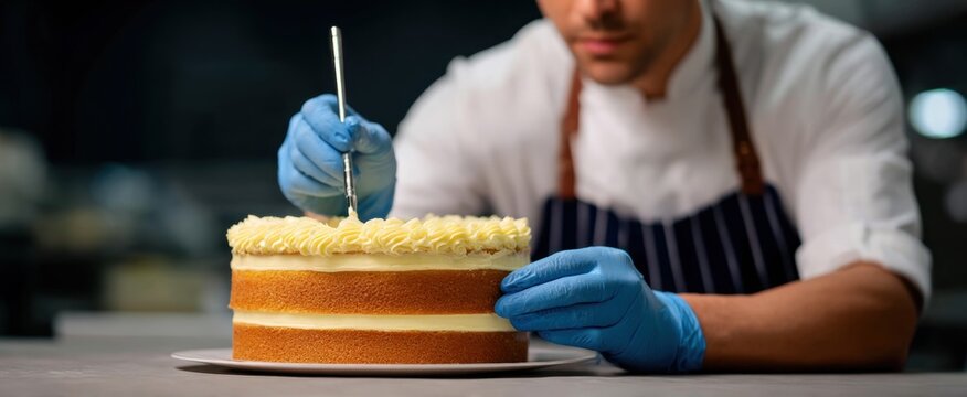 The baker is drizzling frosting like a painter adding the final brushstroke to a canvas.