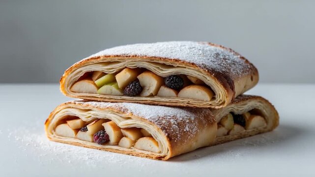 Layered apple strudel with mixed dried fruits dusted with powdered sugar presented on a minimalist white surface showcasing culinary texture and careful preparation in soft natural light