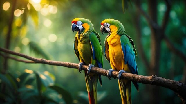 Vibrant macaws perched on a branch displaying brilliant green blue and yellow plumage in soft natural light within a lush forest environment highlighting textures and colors with blurred background