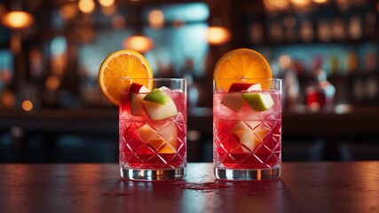 Close-up view of two vibrant cocktails with colorful fruit garnishes on a rustic bar surface in an intimate warmly lit setting capturing the essence of mixology and celebration