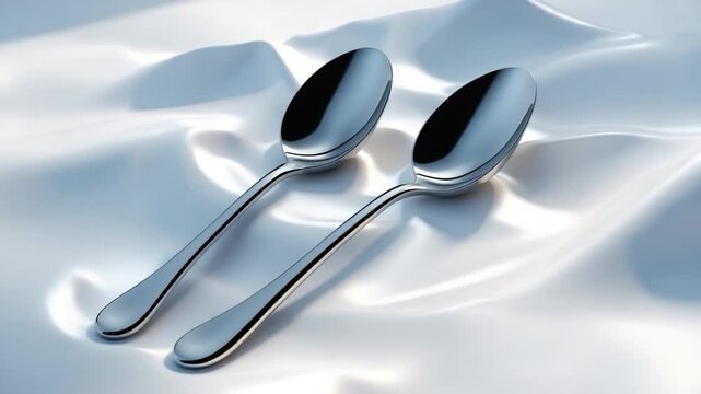 Close-up of shiny silver spoons resting on a smooth reflective fabric surface with soft lighting and gentle textures showcasing their elegant design in a minimalist setting