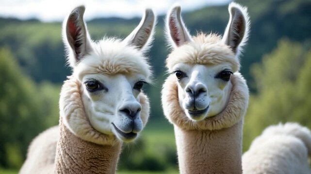 Two fluffy white llamas standing side by side smoothly transitioning from gaze to relaxed expressions against a lush green background under soft natural light in a meadow setting