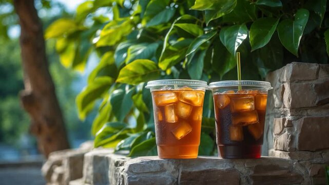 Close-up view of two iced tea beverages with ice cubes in clear plastic cups surrounded by vibrant green leaves and sunlight captured from multiple angles during a serene outdoor setting