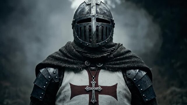 Medieval Templar Knight in Full Armor Standing in a Misty Forest.