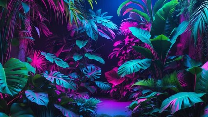 Vibrant tropical foliage with multi-colored neon lighting illuminating lush green plants in a dense jungle-like setting highlighting a pathway through exotic leaves and textures - Powered by Adobe