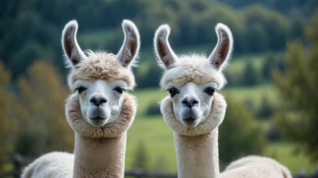 Two fluffy white llamas standing close together in a lush green meadow displaying their soft fur and distinct features set against a vibrant natural backdrop in soft daylight