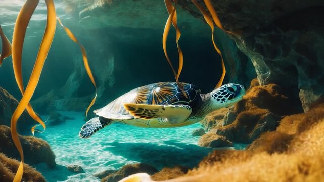 Graceful sea turtle swimming through underwater kelp forest with soft natural lighting displaying intricate shell patterns and vibrant colors in serene ocean environment