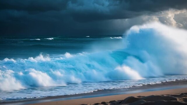 Cascading ocean waves crashing on a sandy beach under dramatic clouds showcasing varying wave formations with rich turquoise water highlighted by soft natural light and foamy shoreline.