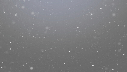 Realistic falling snow overlay background. Winter snowflake particle effect for Christmas, New Year, festive design. 