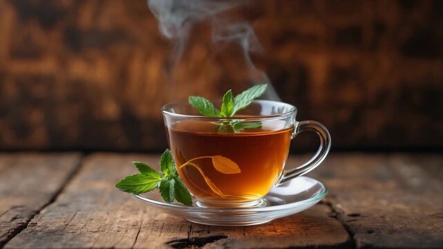 Close-up of steaming cup of herbal tea with fresh mint leaves on a rustic wooden table against a blurred textured background showcasing rich amber color and soft warm lighting.