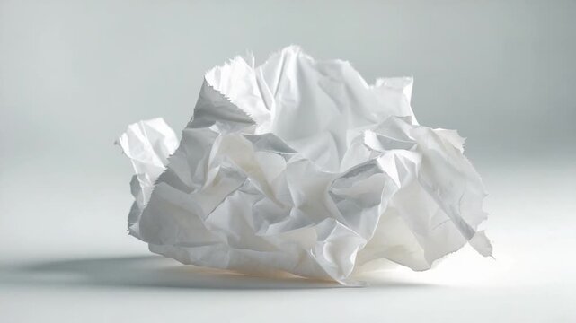 Crumpled white paper ball in natural light on a plain gray background showing slight movement and texture changes throughout the video sequence