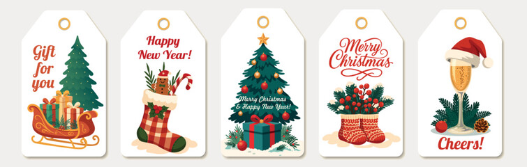 A set of five festive gift tags with Christmas, New Year themes a sleigh with gifts, stocking, decorated tree, knitted socks, glass of champagne with Santa hat. Vector illustrations for holiday desig