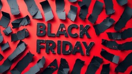 Dynamic visuals showcasing bold black letters spelling BLACK FRIDAY on a vibrant red background surrounded by torn black paper pieces highlighting the essence of shopping deals in a festive setting
