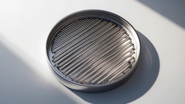 Close-up of sleek metallic grill pan showcasing smooth surface and parallel ridges under soft natural light on a minimalistic white background highlighting craftsmanship and reflective textures.