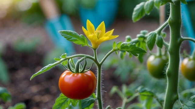 Vibrant close-up of a tomato plant featuring a ripe red tomato blooming yellow flower and green tomatoes in a lush garden with blurred background captured in soft natural light
