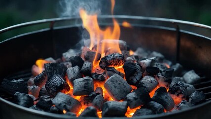 Close-up of burning charcoal briquettes in a grill flames flickering and smoke rising in a backyard setting vibrant orange and dark gray hues with soft lighting full frame composition - Powered by Adobe