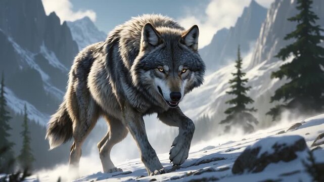 Realistic gray wolf walking in snowy mountainous landscape skillfully navigating through the chilly terrain surrounded by evergreen trees and rugged rock formations under soft daylight