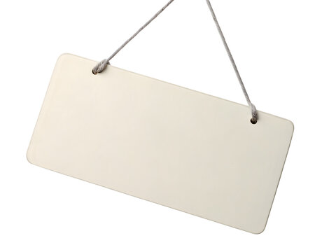 Blank rectangular sign hanging by string: customizable business advertisement, shop announcement, or informational notice board (144 chars)
