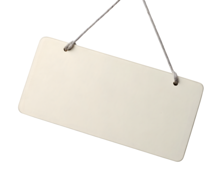 Blank rectangular sign hanging by string: customizable business advertisement, shop announcement, or informational notice board (144 chars)