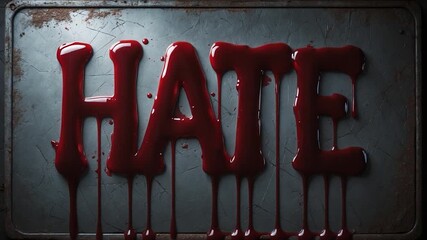 Close-up of the bold and glossy word HATE in dripping red paint on a metallic surface capturing a visually striking texture and color variation with consistent framing throughout the video