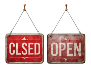 Rustic open and closed signs: vintage red storefront decor with metal frames, ideal for business notices and retail shop signage. [144]