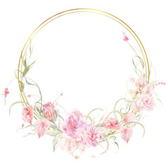 Watercolor flower wreath with gold circle frame.