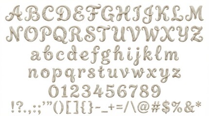 font alphabet in linen texture style from a to z numbers punctuation isolated on white background