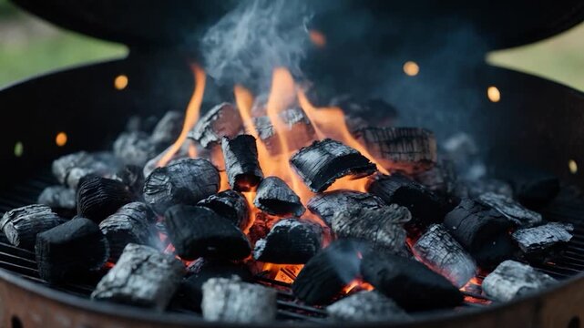 Close-up of glowing charcoal briquettes burning with flickering flames and rising smoke inside a grill with rustic metal structure in a natural outdoor setting