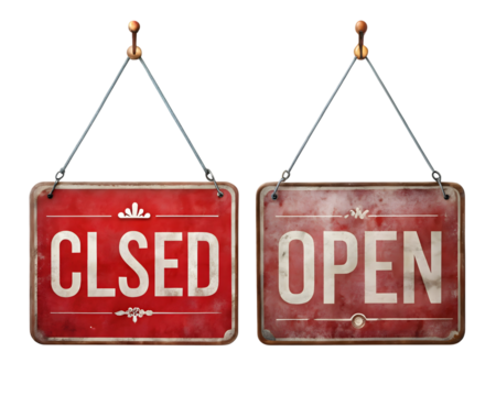 Rustic open and closed signs: vintage red storefront decor with metal frames, ideal for business notices and retail shop signage. [144]