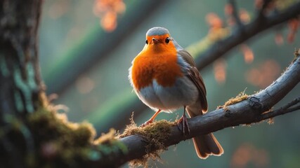 Close-up of a vibrant orange-breasted bird perched on a moss-covered branch in soft natural light showcasing intricate feather details against a blurred greenish background