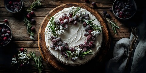 Rustic cheesecake topped with frosted cranberries, rosemary sprigs, and delicate white flowers on wooden board, creating elegant holiday dessert.