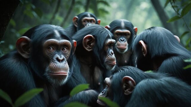 Close-up of a group of chimpanzees engaging in social interaction amidst lush green foliage in a forest setting showcasing detailed facial expressions and natural textures
