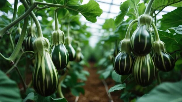 Vibrant green striped eggplants growing on plants in a greenhouse showcasing fresh produce in various stages of development with lush foliage and natural soft light